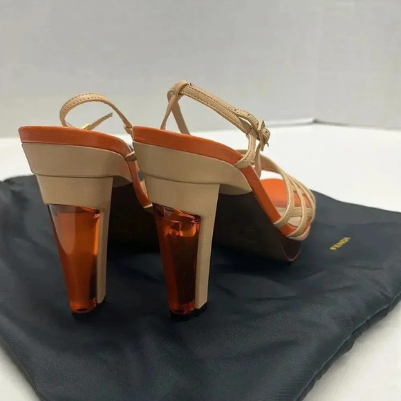 Fendi High Heel Pumps Shoes Ankle Strap Leather Designer Orange Tan Size 37 6.5 - Picture 4 of 14